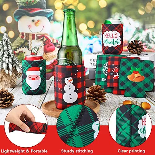 15 Pcs Christmas Neoprene Beer Can Cooler Sleeves Neoprene Drinks Cooler 12 oz Beverages Canister Cooler Sleeves Bottle Insulated Covers for Weddings Christmas Party Decorations Xmas Holiday Gifts