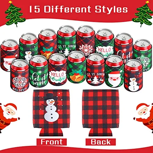 15 Pcs Christmas Neoprene Beer Can Cooler Sleeves Neoprene Drinks Cooler 12 oz Beverages Canister Cooler Sleeves Bottle Insulated Covers for Weddings Christmas Party Decorations Xmas Holiday Gifts