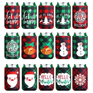 15 Pcs Christmas Neoprene Beer Can Cooler Sleeves Neoprene Drinks Cooler 12 oz Beverages Canister Cooler Sleeves Bottle Insulated Covers for Weddings Christmas Party Decorations Xmas Holiday Gifts