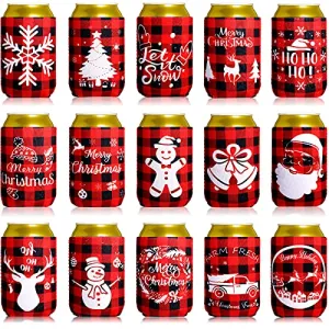 15 Pieces Christmas Beer Can Coolers Sleeves, Red Black Plaid Xmas Holiday Beverages Can Neoprene Coolers Insulated Covers for Winter Christmas Party Decorations Supplies