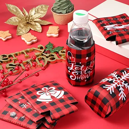 15 Pieces Christmas Beer Can Coolers Sleeves, Red Black Plaid Xmas Holiday Beverages Can Neoprene Coolers Insulated Covers for Winter Christmas Party Decorations Supplies