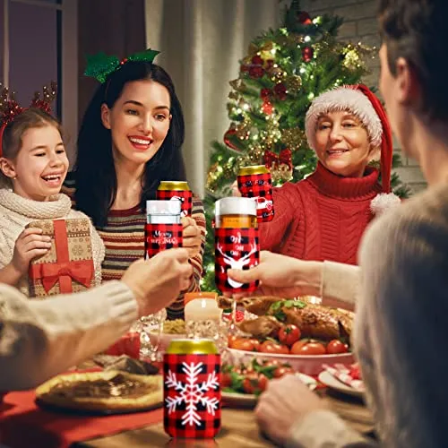 15 Pieces Christmas Beer Can Coolers Sleeves, Red Black Plaid Xmas Holiday Beverages Can Neoprene Coolers Insulated Covers for Winter Christmas Party Decorations Supplies