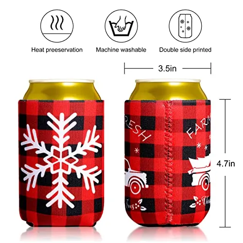 15 Pieces Christmas Beer Can Coolers Sleeves, Red Black Plaid Xmas Holiday Beverages Can Neoprene Coolers Insulated Covers for Winter Christmas Party Decorations Supplies