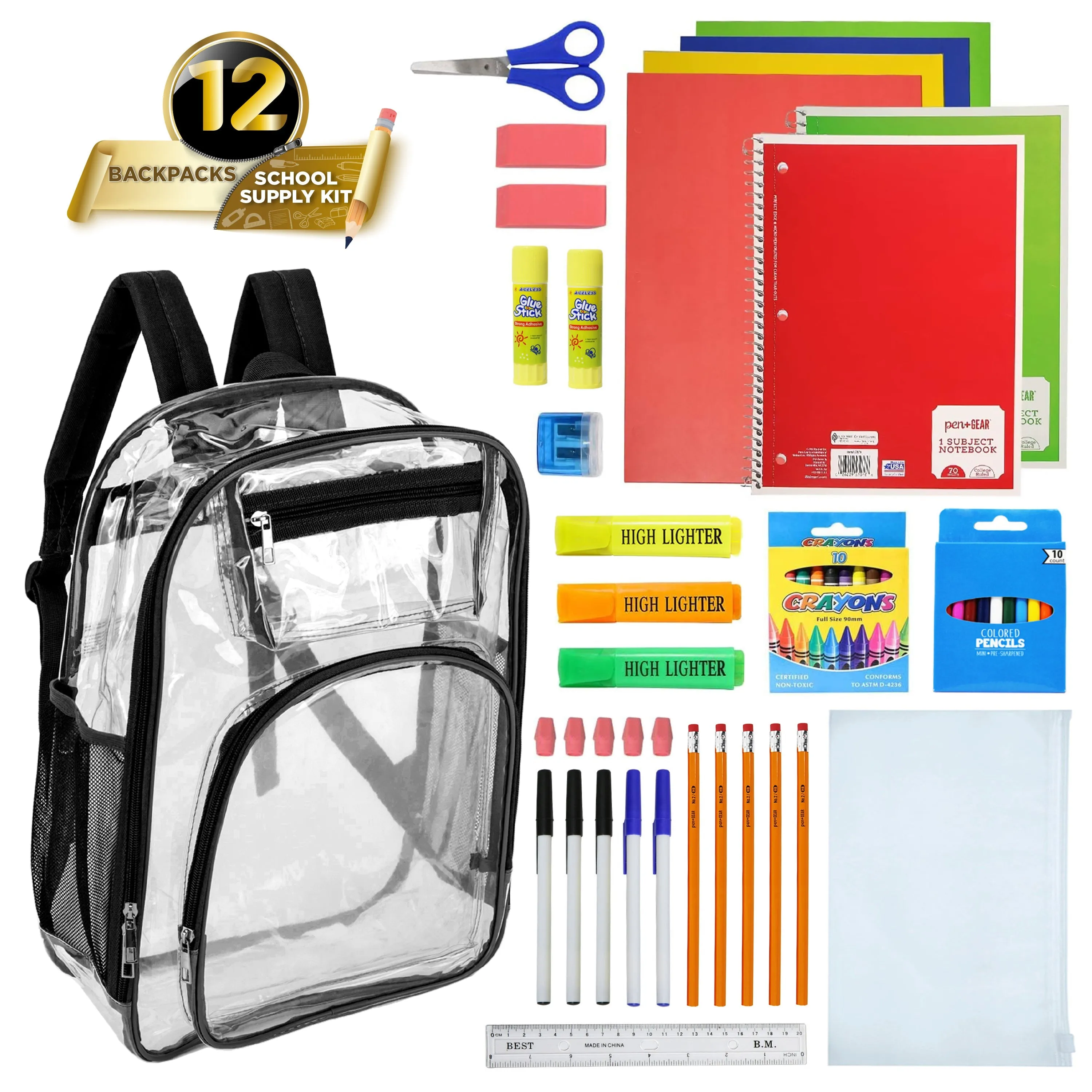 17" Premium Wholesale Clear Backpacks w/Black Trim & 12 Bulk School Supply Kits