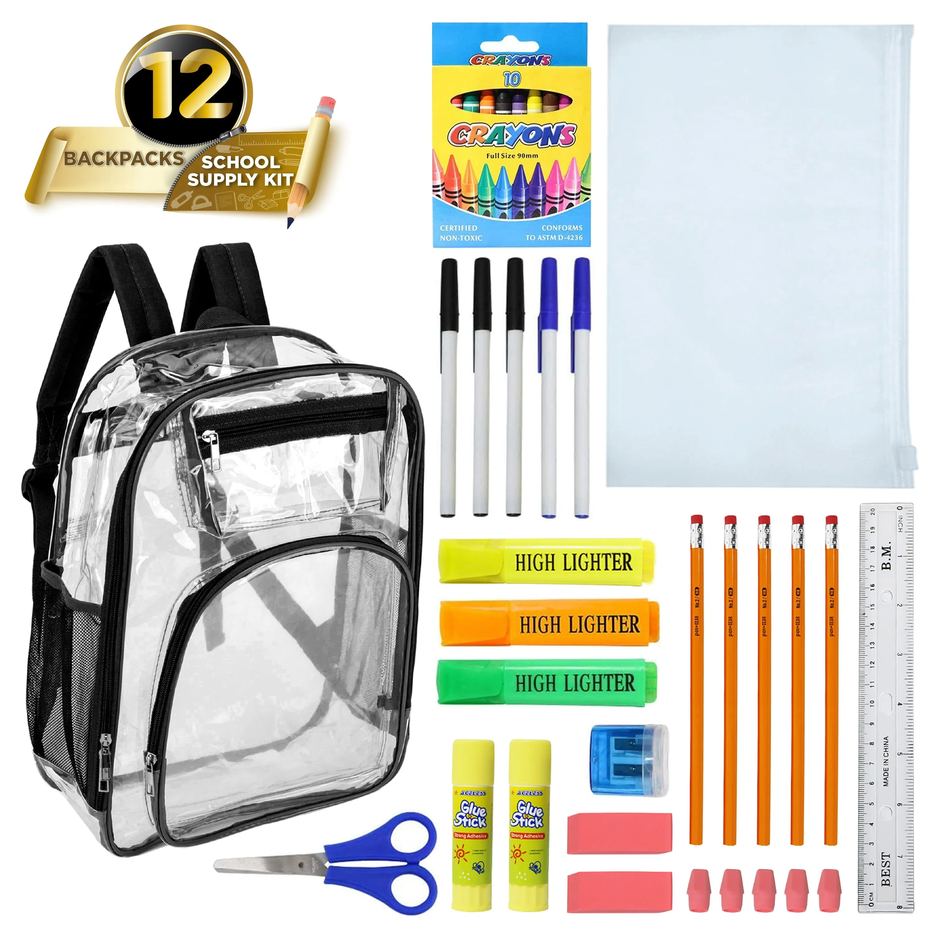 17" Premium Wholesale Clear Backpacks w/Black Trim & 12 Bulk School Supply Kits