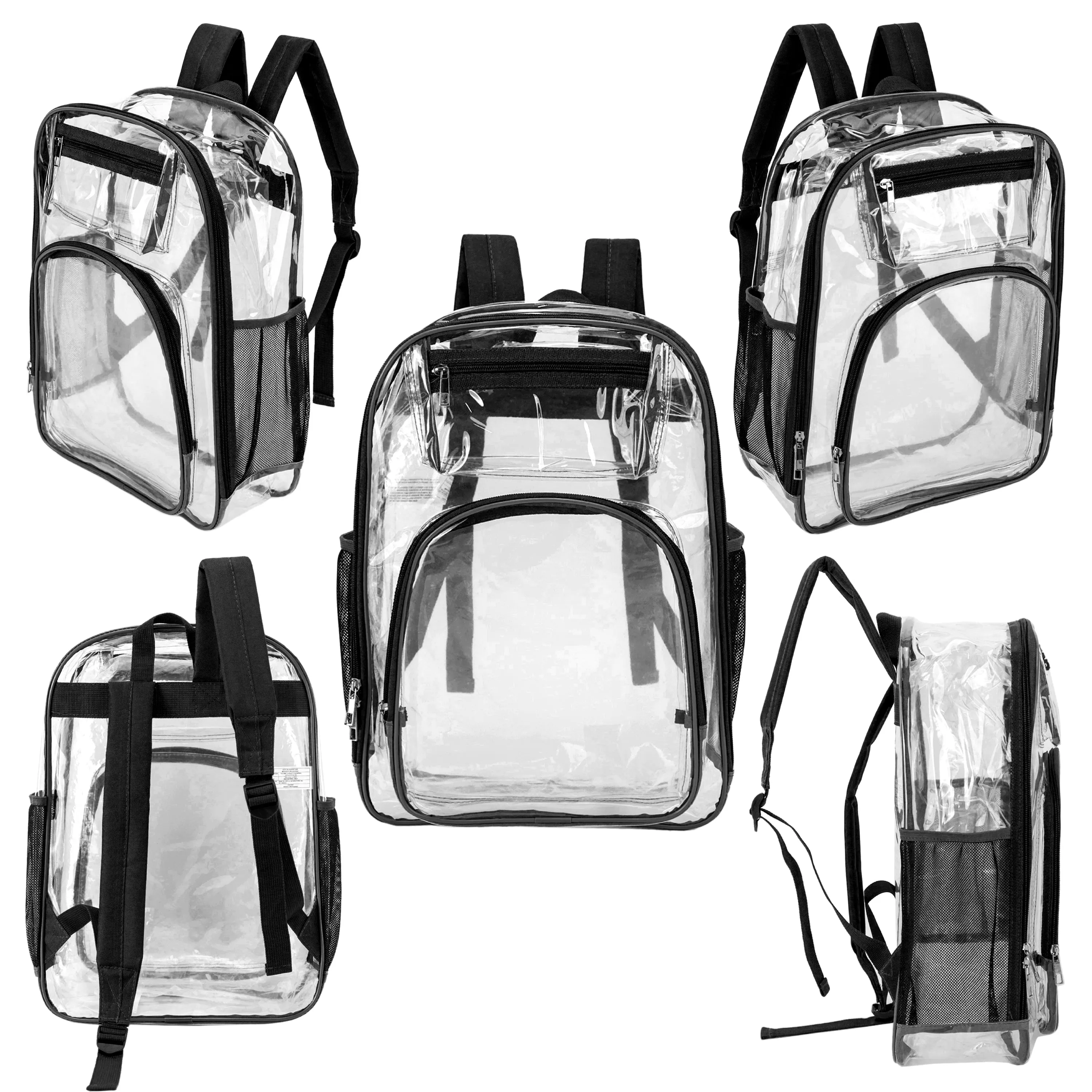 17" Premium Wholesale Clear Backpacks w/Black Trim & 12 Bulk School Supply Kits