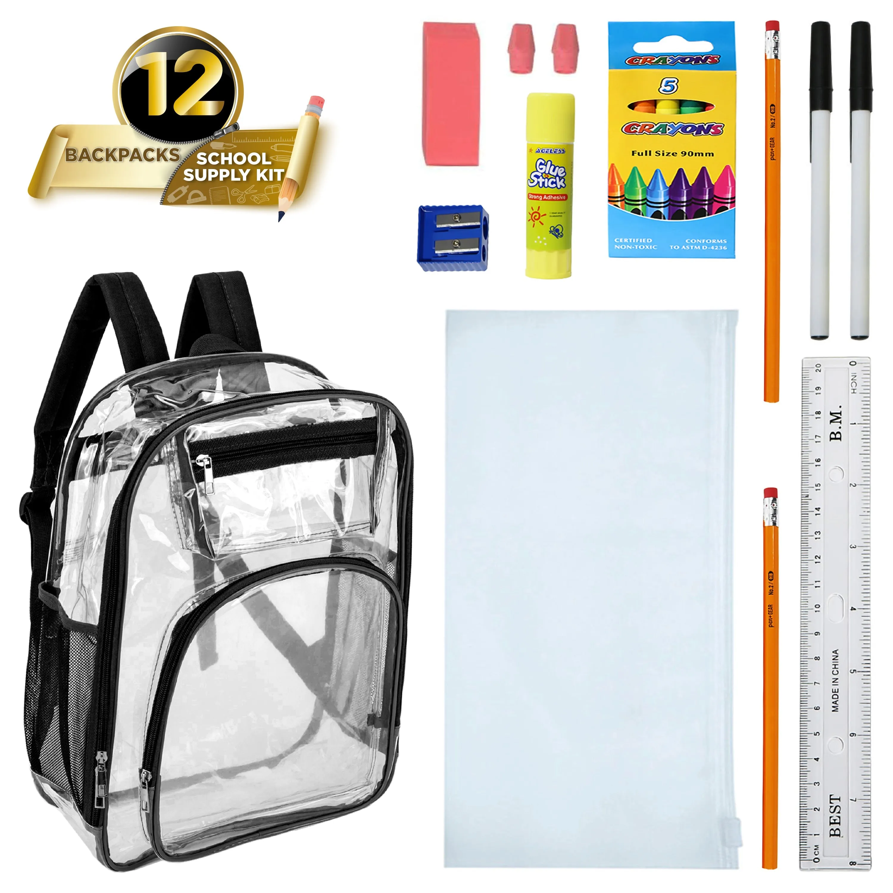 17" Premium Wholesale Clear Backpacks w/Black Trim & 12 Bulk School Supply Kits