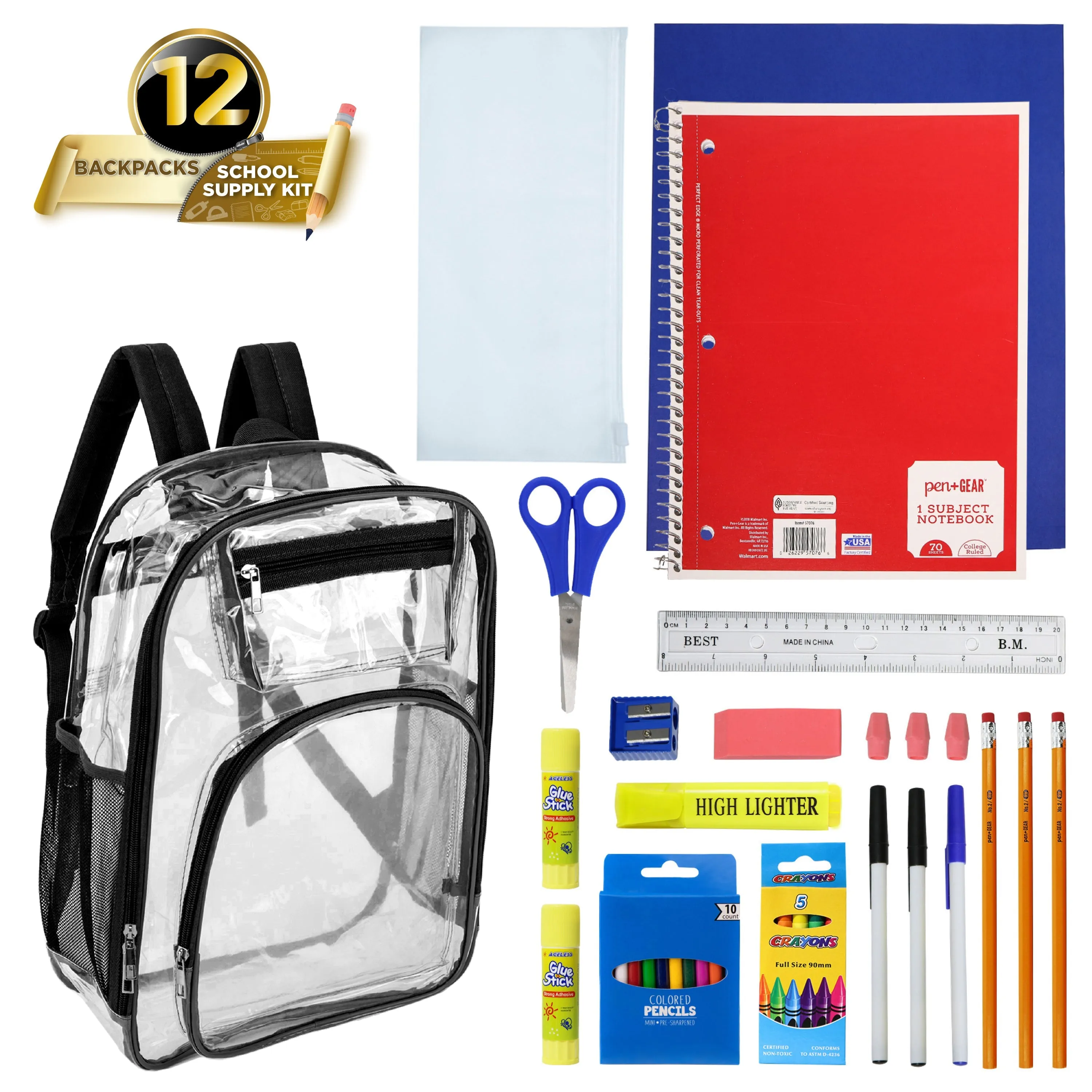 17" Premium Wholesale Clear Backpacks w/Black Trim & 12 Bulk School Supply Kits