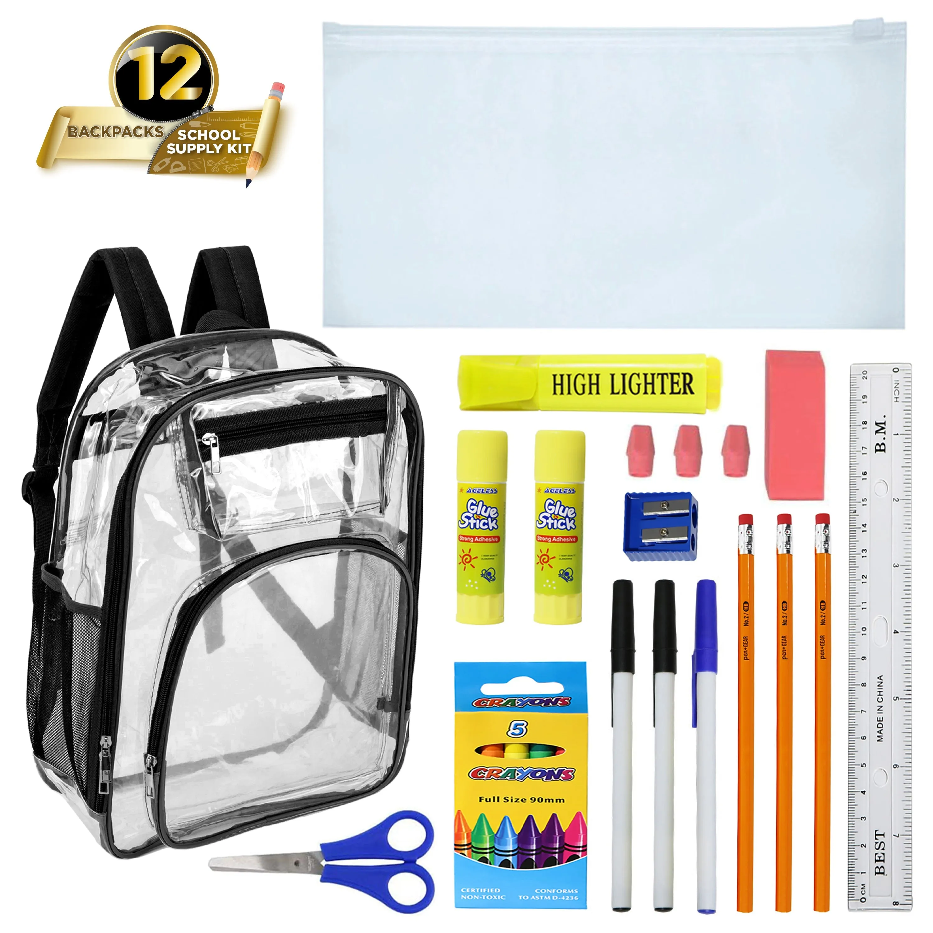 17" Premium Wholesale Clear Backpacks w/Black Trim & 12 Bulk School Supply Kits