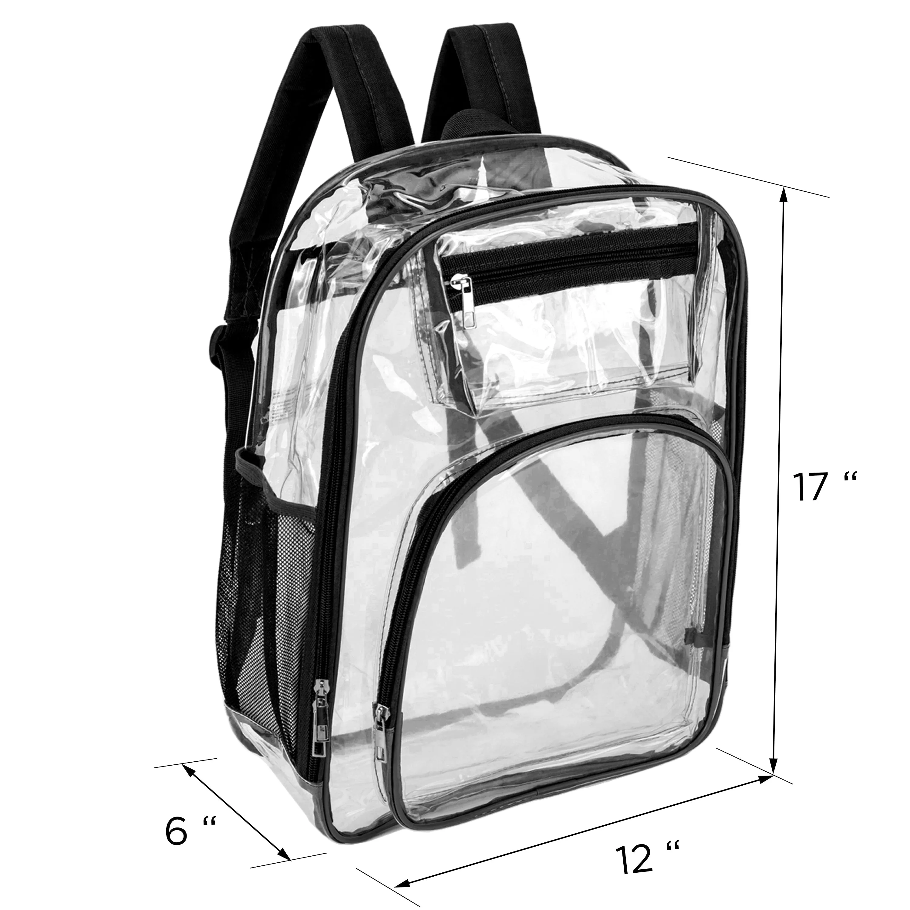 17" Premium Wholesale Clear Backpacks w/Black Trim & 12 Bulk School Supply Kits
