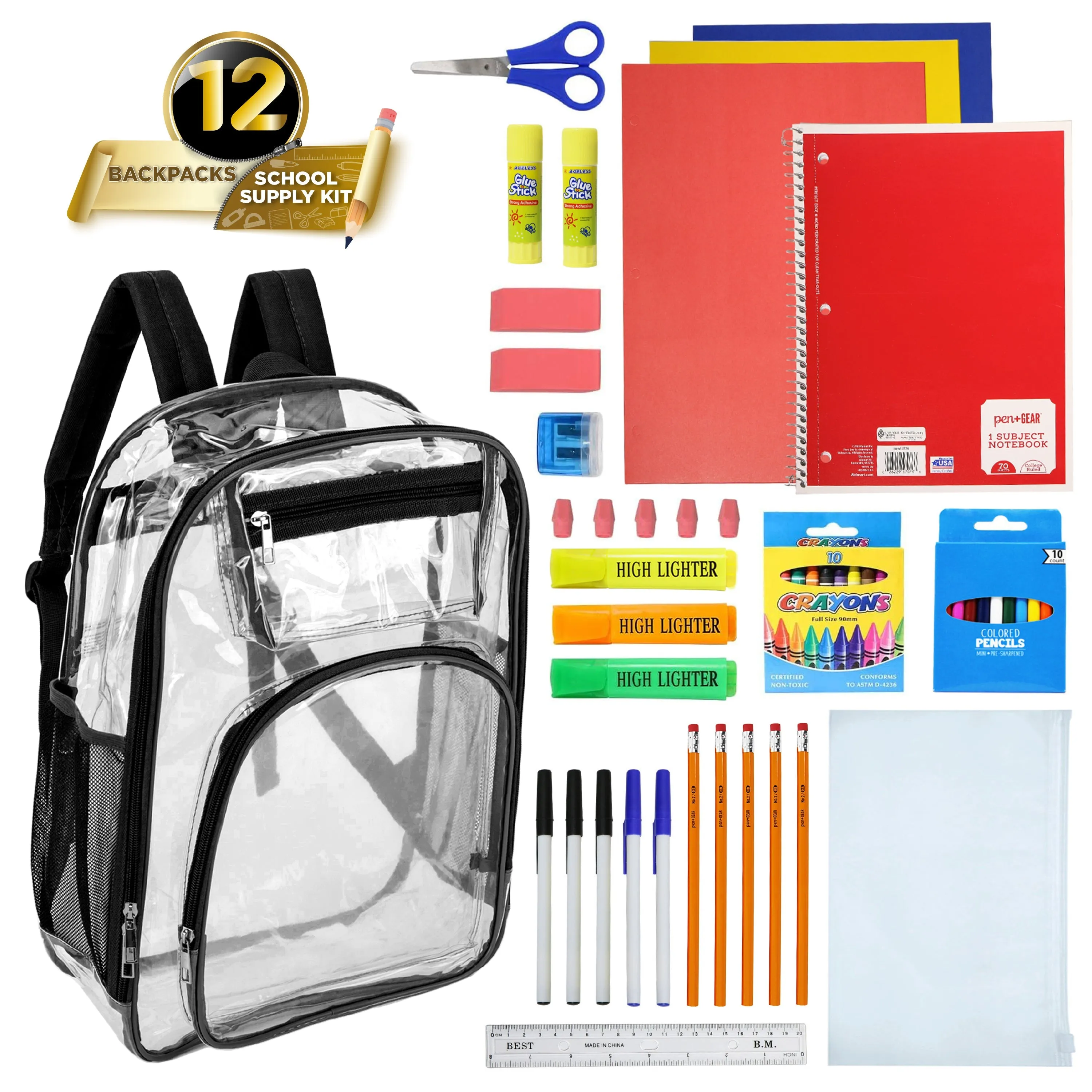 17" Premium Wholesale Clear Backpacks w/Black Trim & 12 Bulk School Supply Kits