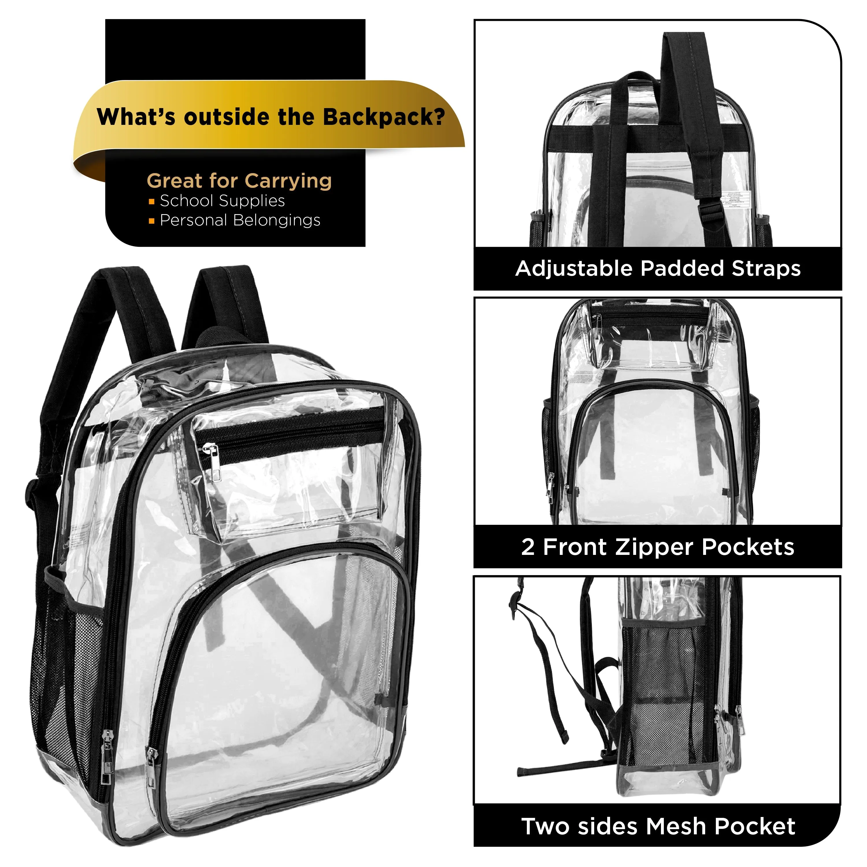 17" Premium Wholesale Clear Backpacks w/Black Trim & 12 Bulk School Supply Kits