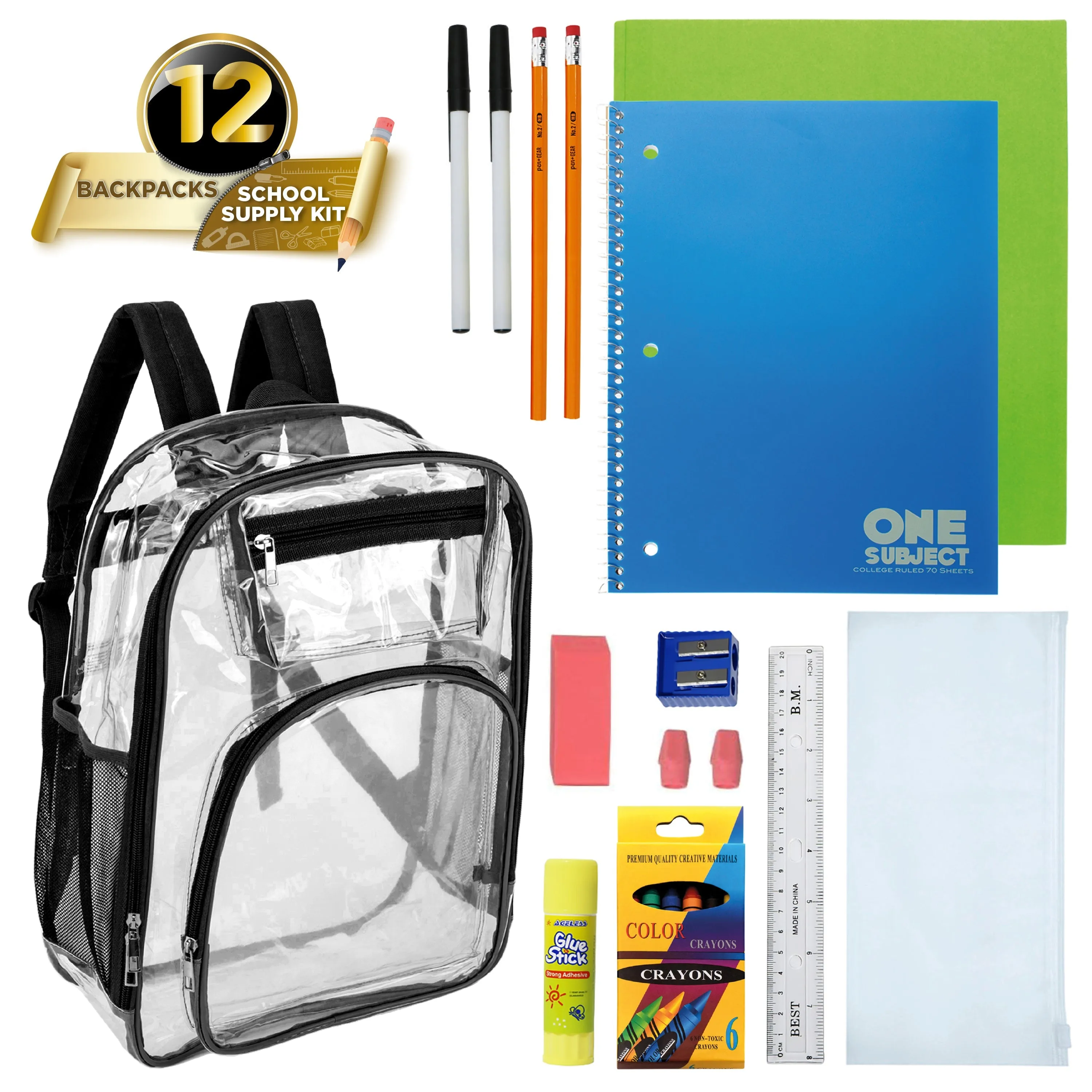 17" Premium Wholesale Clear Backpacks w/Black Trim & 12 Bulk School Supply Kits