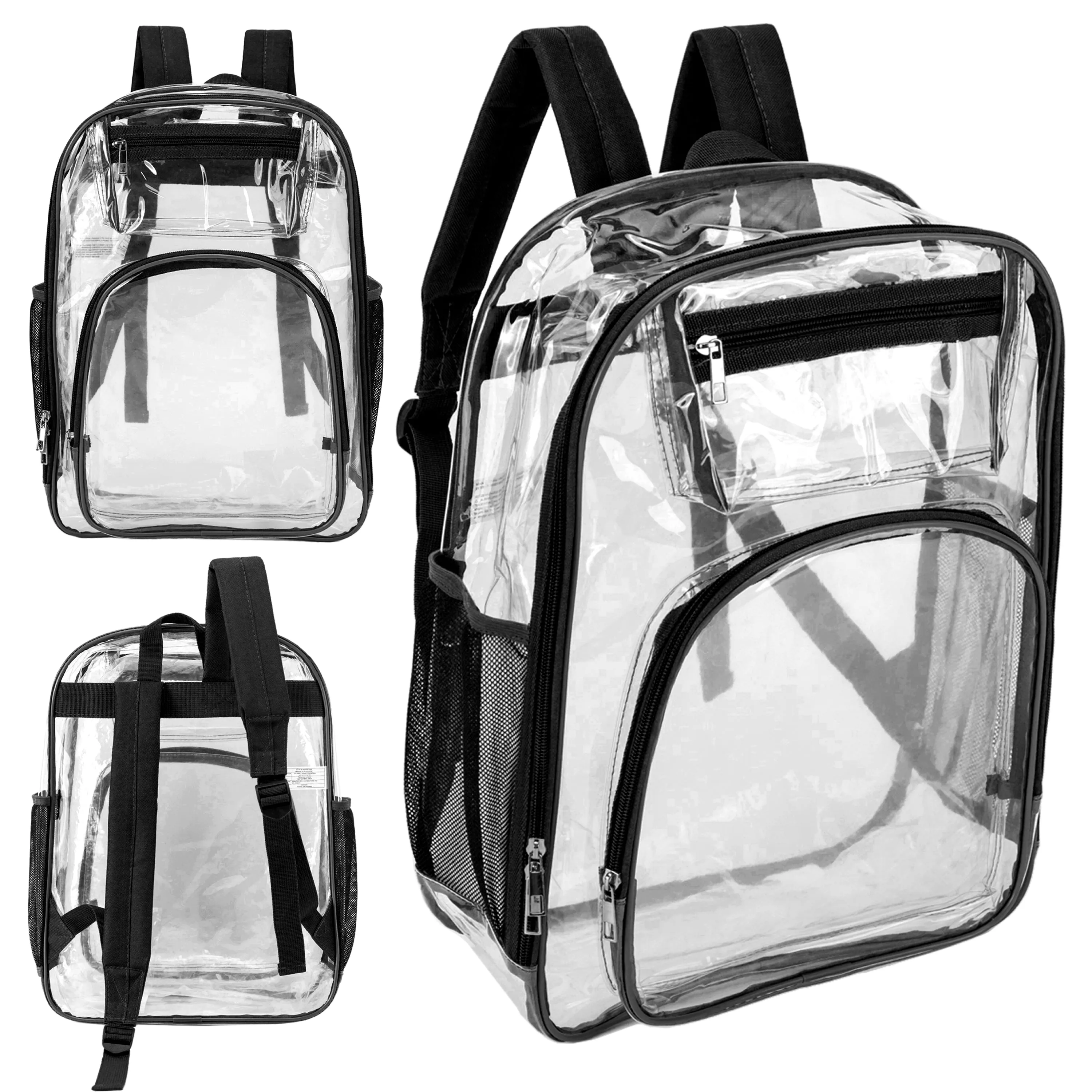 17" Premium Wholesale Clear Backpacks w/Black Trim & 12 Bulk School Supply Kits