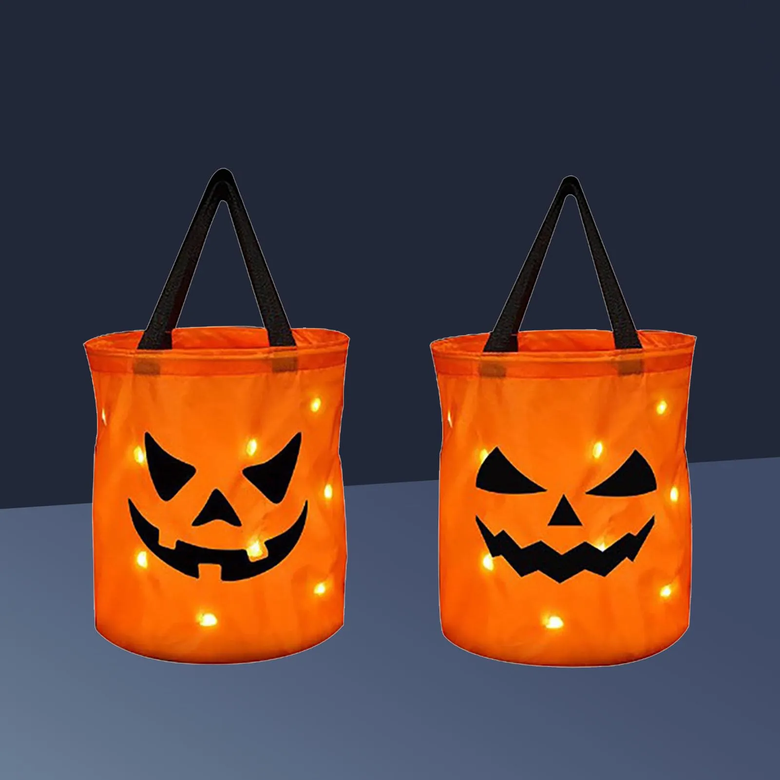 2Pcs LED Halloween Candy Bags, Trick or Treat Bags Light Up Halloween Pumpkin Bags Battery Powered Reusable Pumpkin Candy Baskets for Halloween Parties, Birthday Parties, Cosplay
