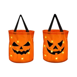 2Pcs LED Halloween Candy Bags, Trick or Treat Bags Light Up Halloween Pumpkin Bags Battery Powered Reusable Pumpkin Candy Baskets for Halloween Parties, Birthday Parties, Cosplay