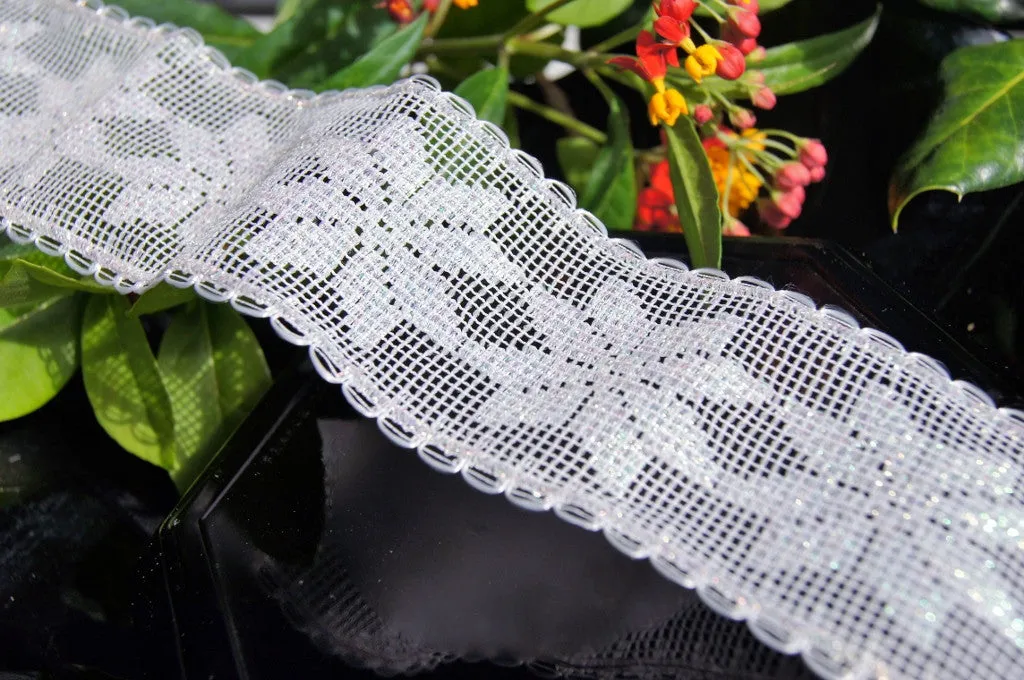 2" Wire Edged Lace Trim - White Iridescent Snowflakes