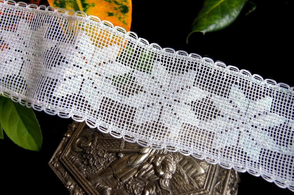 2" Wire Edged Lace Trim - White Iridescent Snowflakes