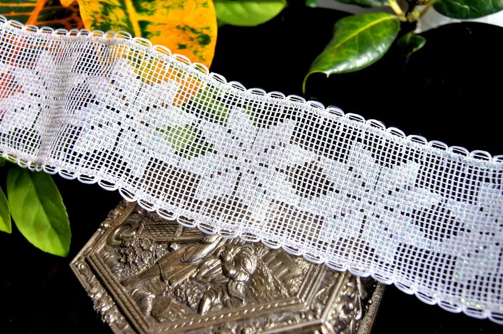 2" Wire Edged Lace Trim - White Iridescent Snowflakes