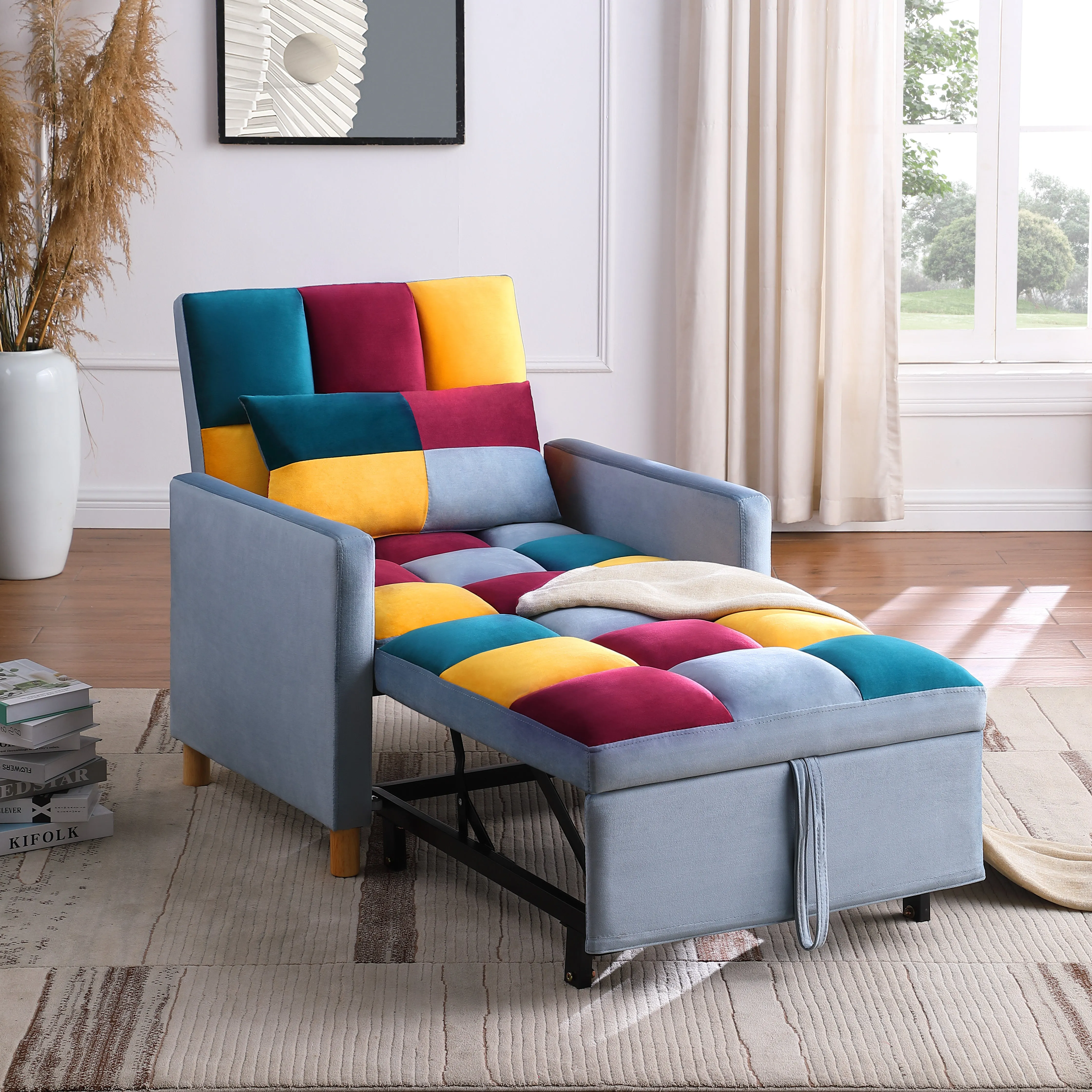 3-in-1 Convertible Sleeper Sofa  Chair Bed, Pull Out Chair with Pillow, Soft velvet Fabric