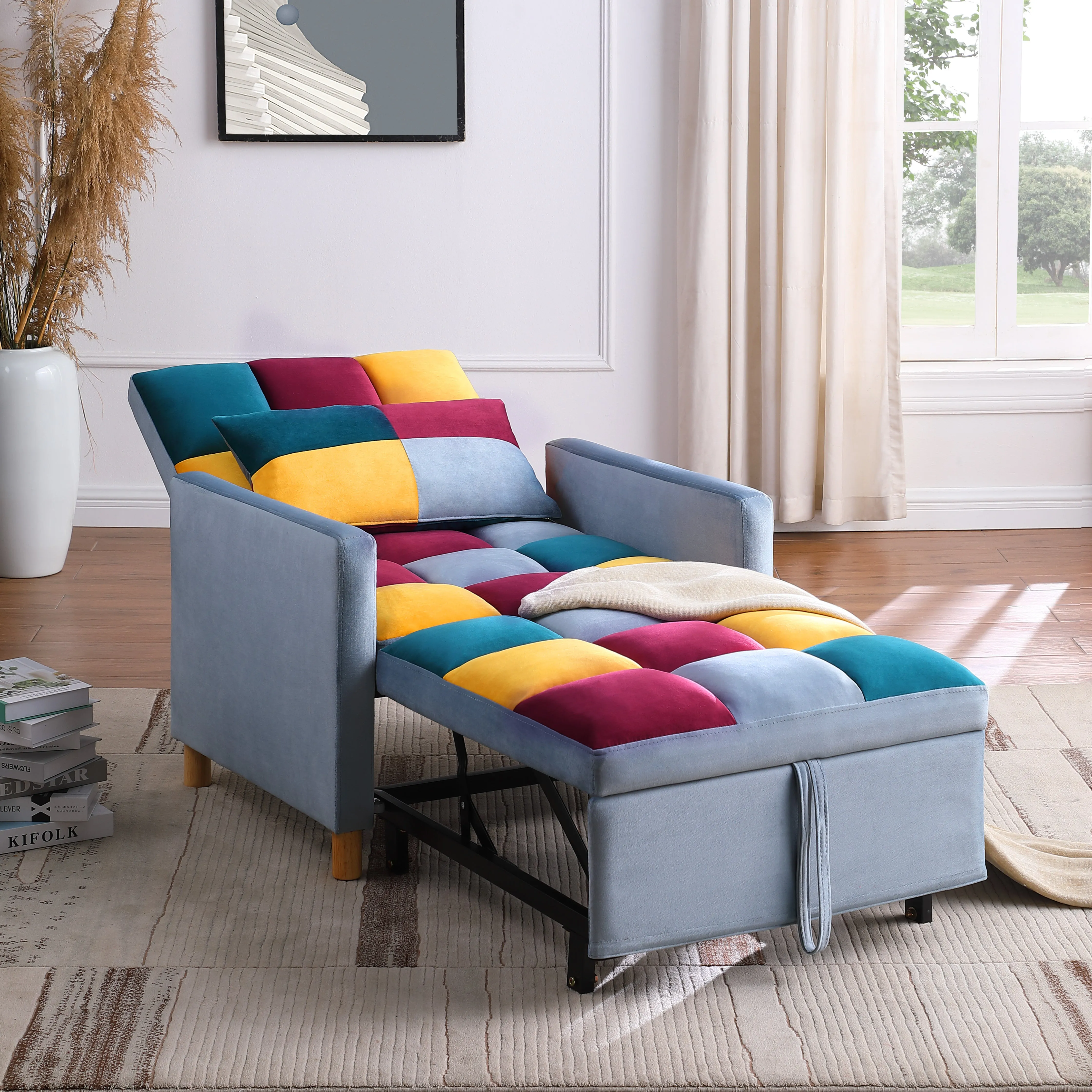3-in-1 Convertible Sleeper Sofa  Chair Bed, Pull Out Chair with Pillow, Soft velvet Fabric