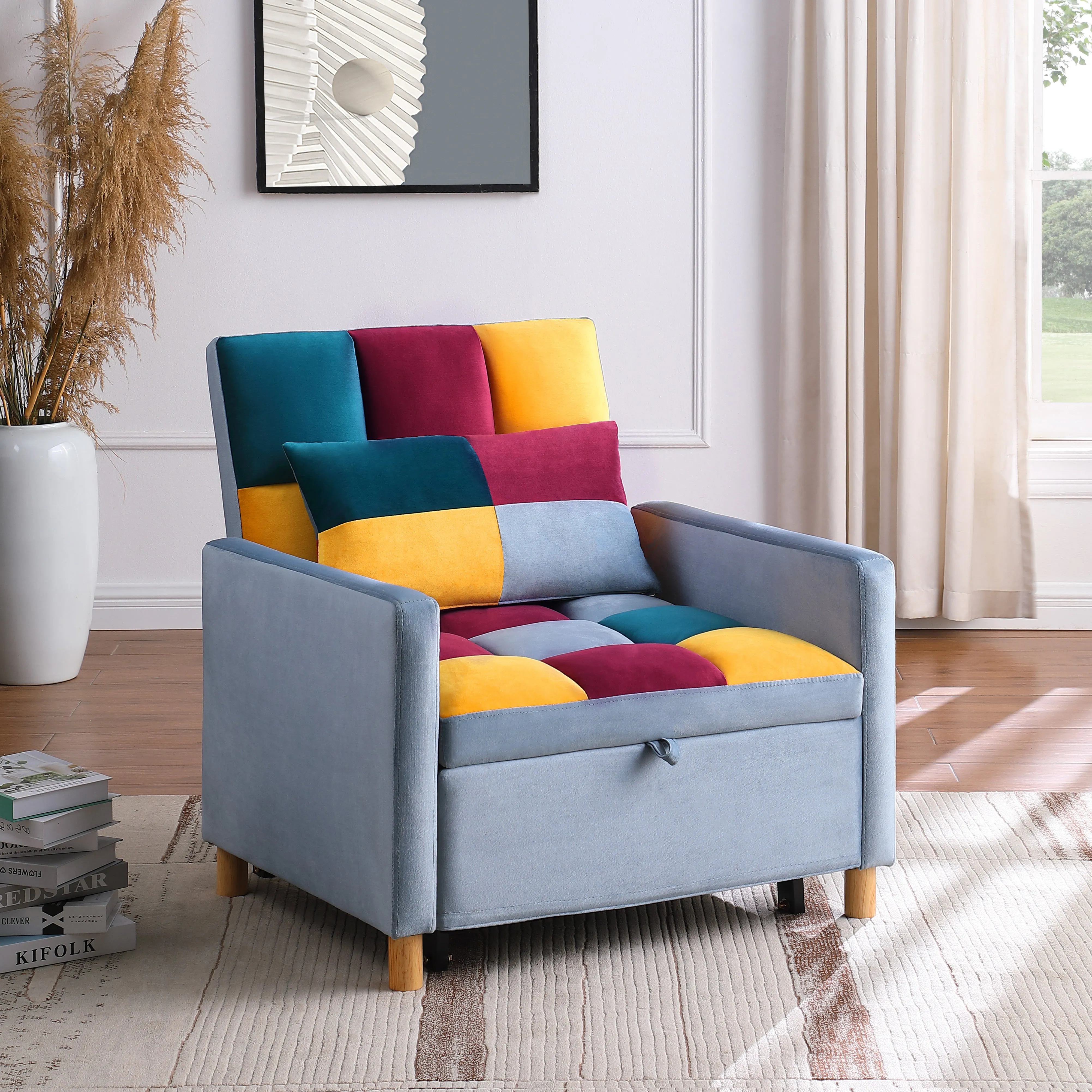 3-in-1 Convertible Sleeper Sofa  Chair Bed, Pull Out Chair with Pillow, Soft velvet Fabric