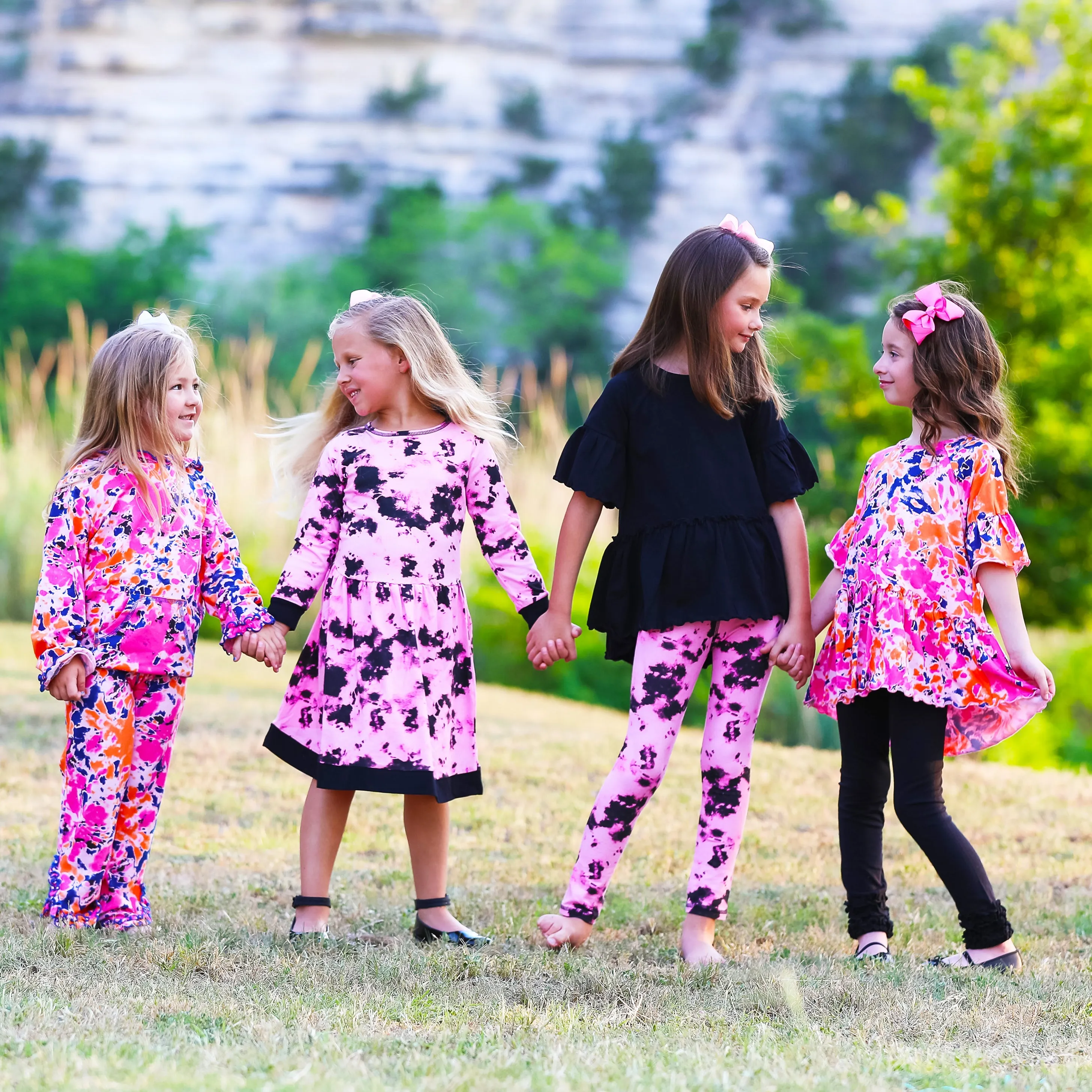 AnnLoren Girls Boutique Pink Black White Tie Dye Long Sleeve Cotton Dress