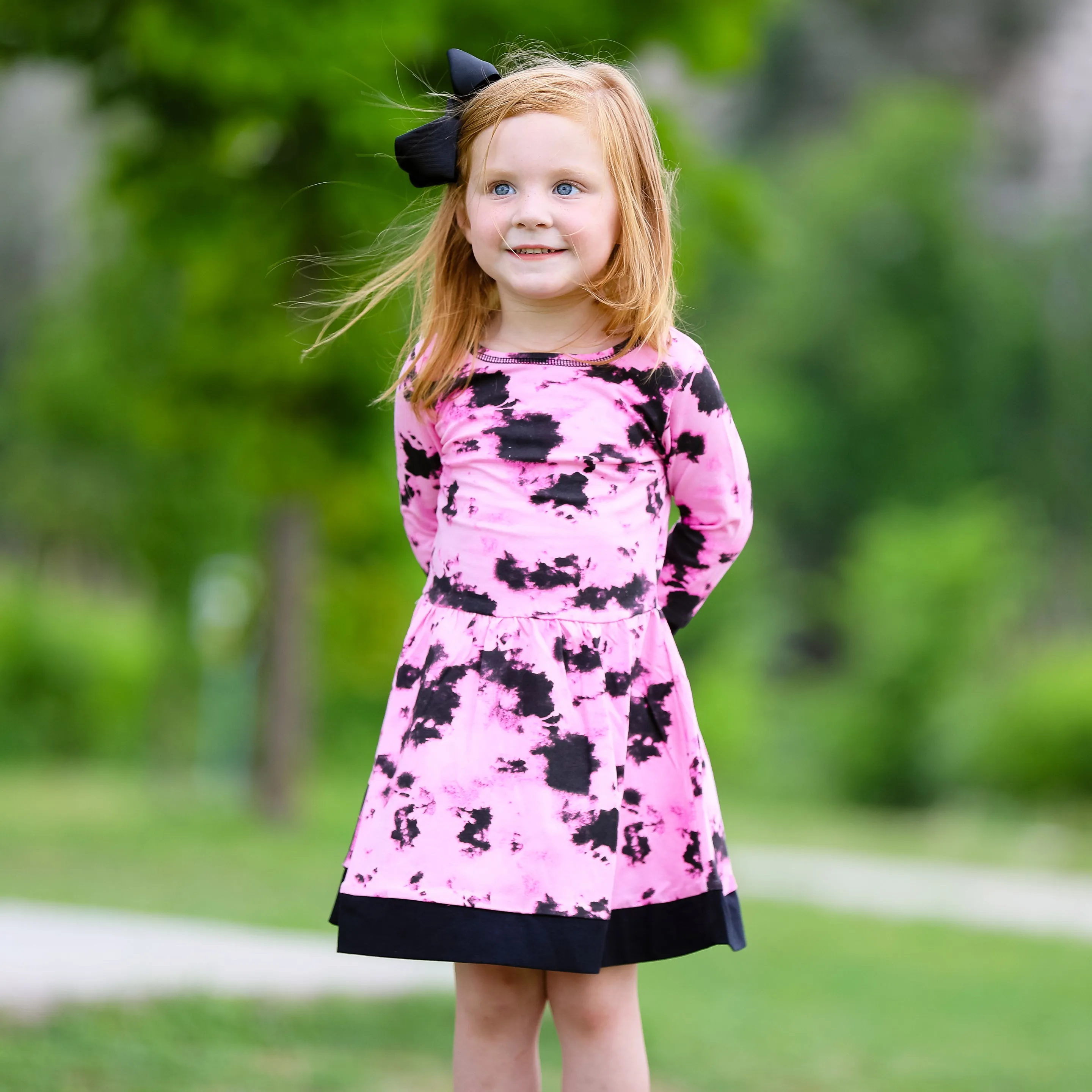 AnnLoren Girls Boutique Pink Black White Tie Dye Long Sleeve Cotton Dress