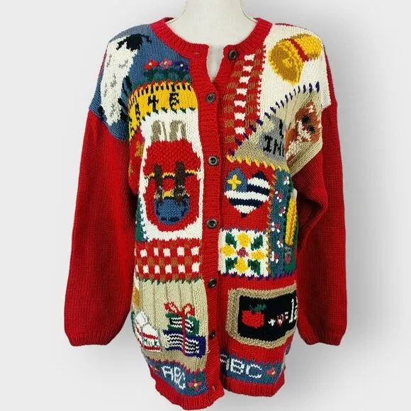 Ashley Hand Knitted Teacher Cardigan School Button Front Size Medium Novelty