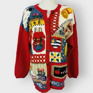 Ashley Hand Knitted Teacher Cardigan School Button Front Size Medium Novelty