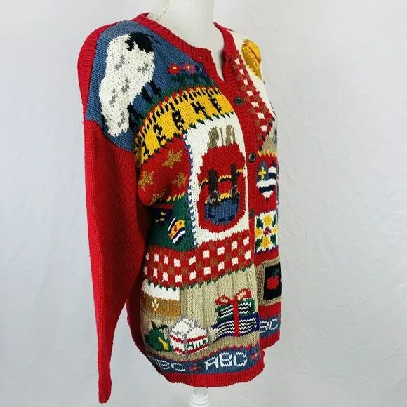Ashley Hand Knitted Teacher Cardigan School Button Front Size Medium Novelty