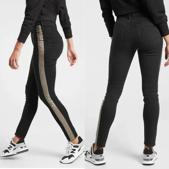 Athleta Sculptek Ultra Skinny Metallic Carbon Black High Waist Jeans