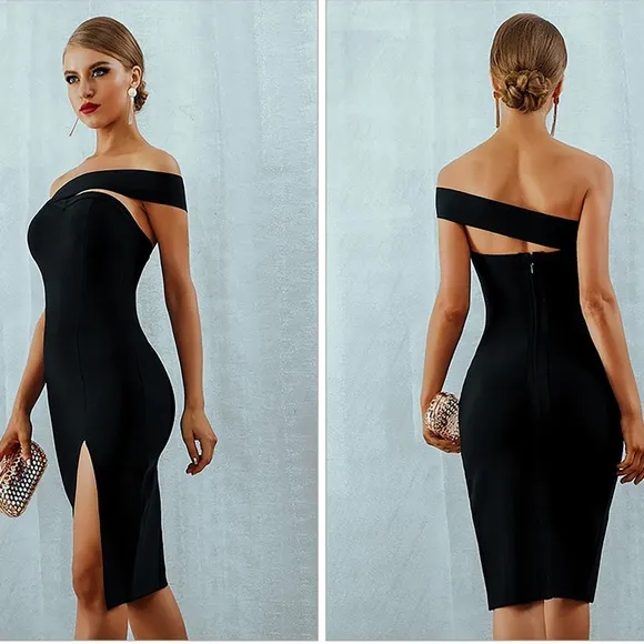 Bandage Cut Out One Shoulder Sexy Slit Bodycon Pencil Dress Red