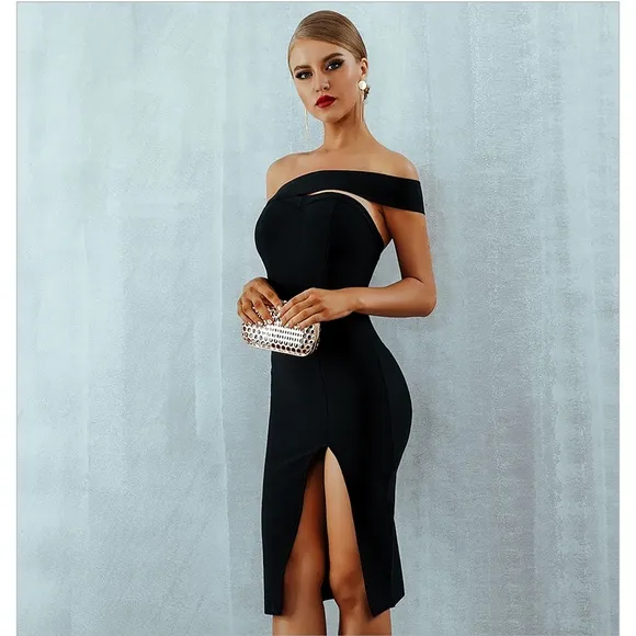 Bandage Cut Out One Shoulder Sexy Slit Bodycon Pencil Dress Red
