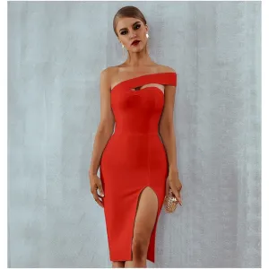 Bandage Cut Out One Shoulder Sexy Slit Bodycon Pencil Dress Red