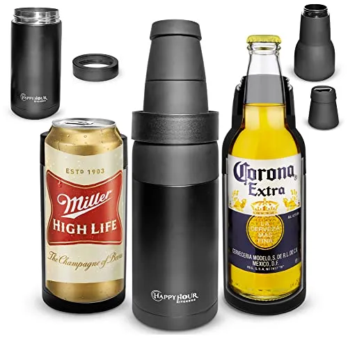 Beer Lovers Gifts Ideas Men and Women | 3-In-1 Bottle Cooler for Beer and Can with Opener | Double Walled Thermo Can Insulator to Keep Beverages Cold at BBQs or to Watch Sports 14oz