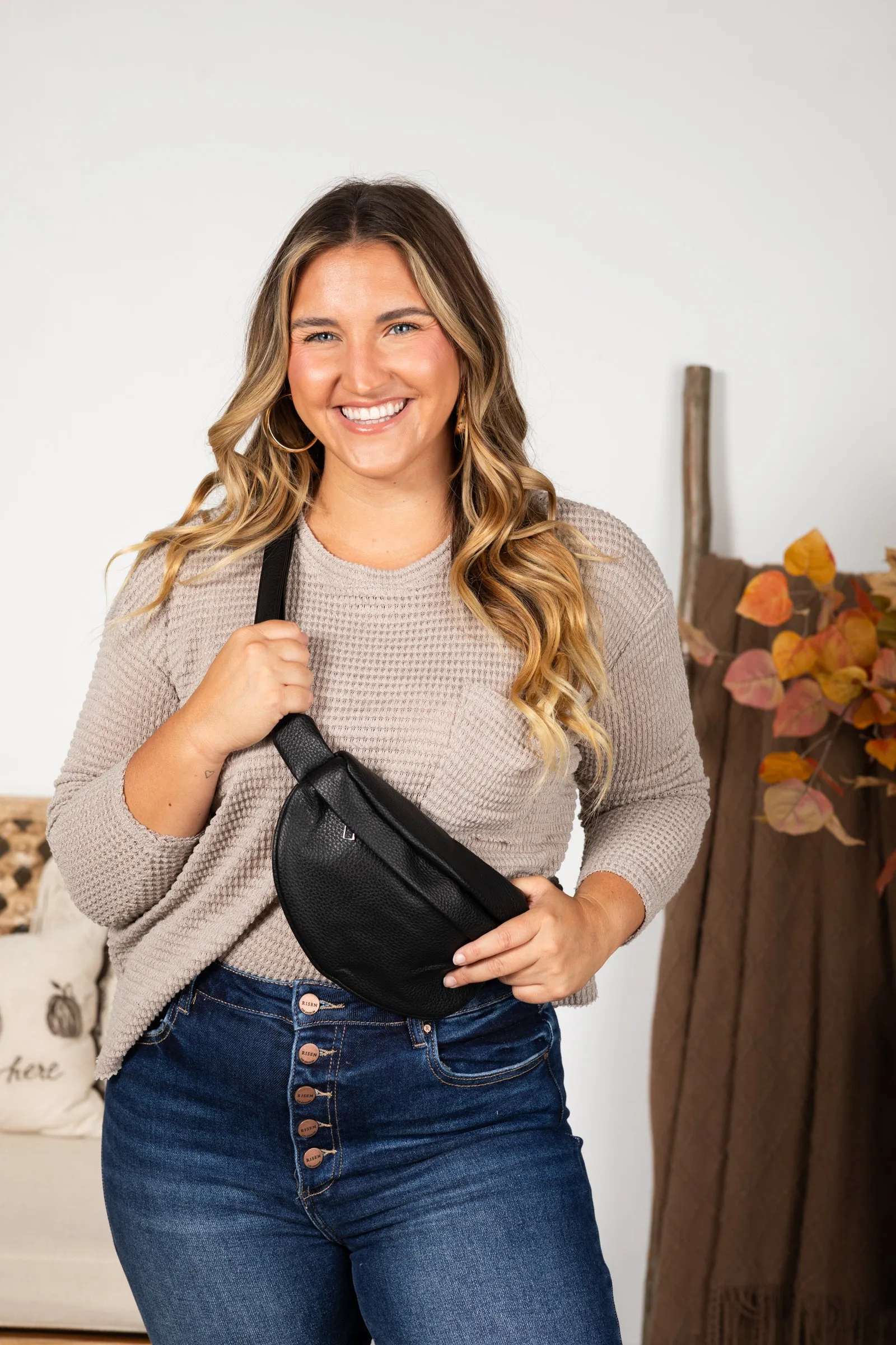 Black Vegan Leather Crossbody Belt Bag