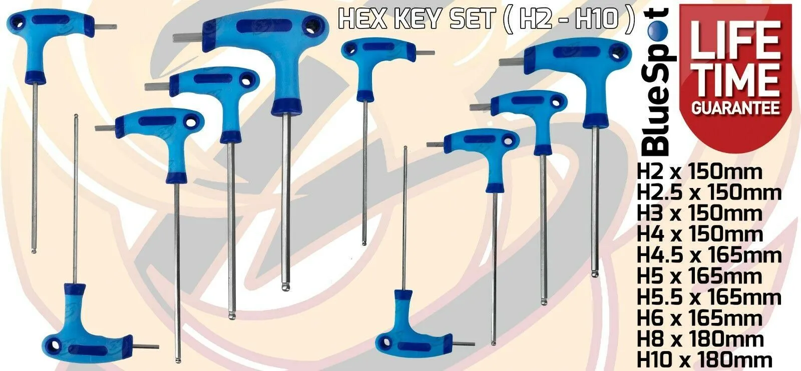 BLUESPOT 10PCS T HANDLE BALL ENDED HEX KEY SET H2 - H10