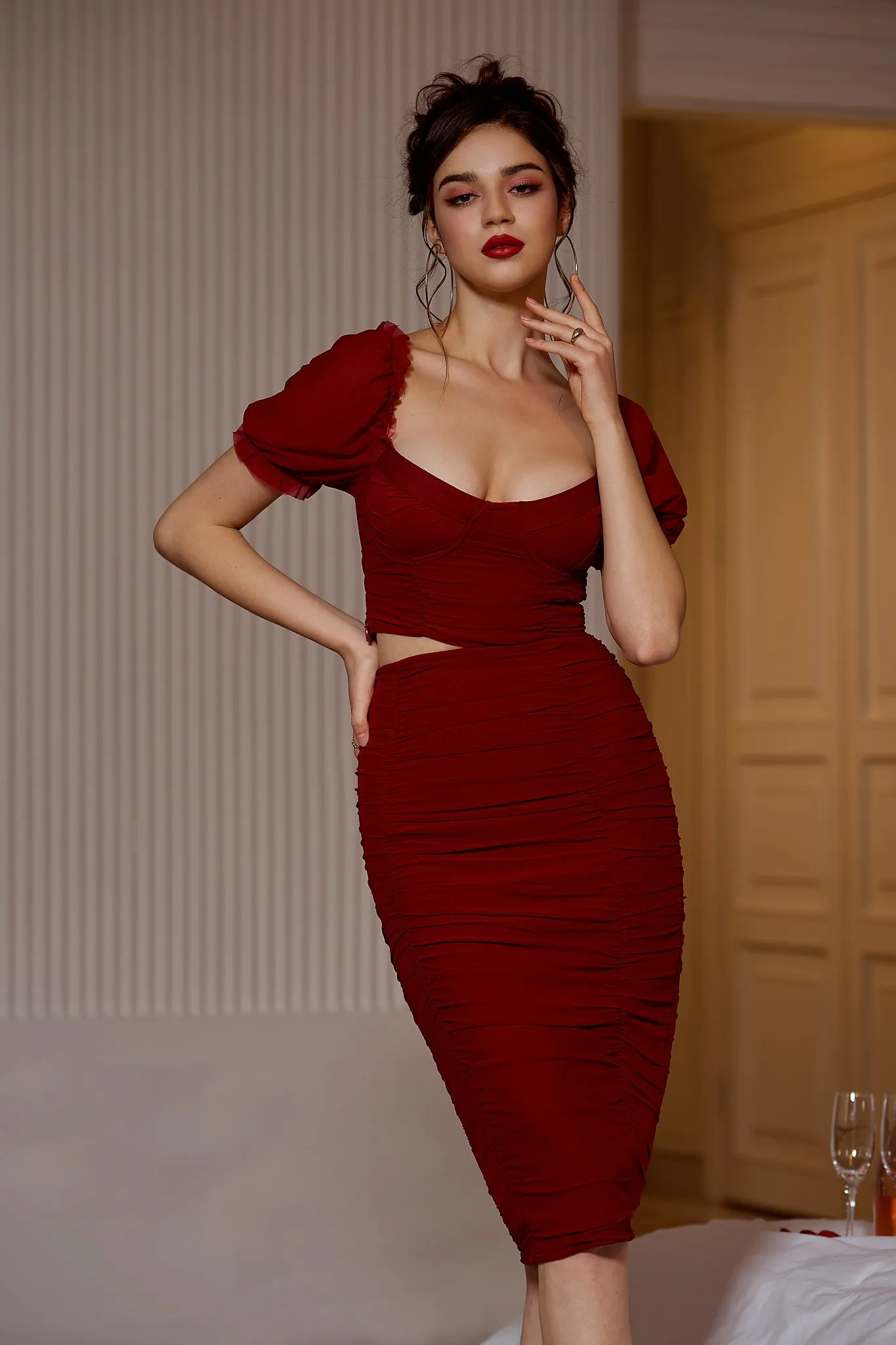 Cameron Burgundy Puff Sleeve Dress Set