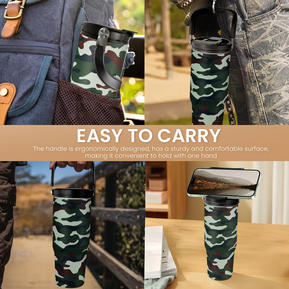 Camo Tumbler with Handle 30oz - Camouflage Tumblers Stainless Steel Insulated Flip Straw Coffee Travel Cup, Gifts for Men Veteran Hunting Lover Sport Outdoor Workout