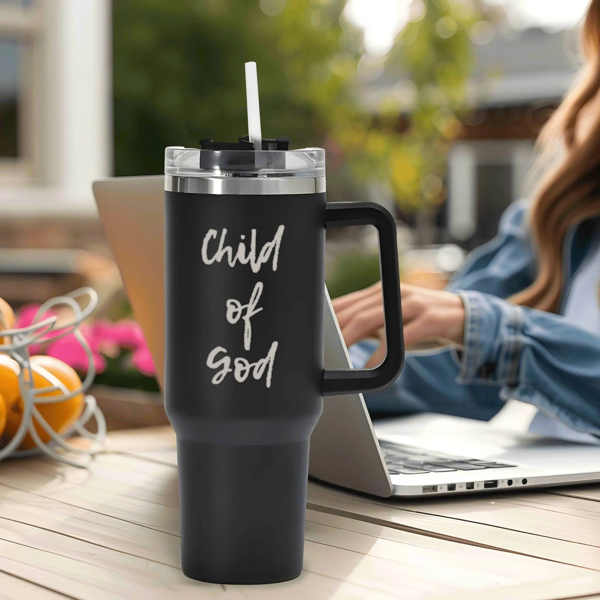 Child of God Laser Engraved 40oz Stainless Steel Tumbler Travel Mug with Handle and Straw for Cup Holder