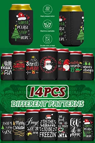 Christmas Decorations Can Coolers Sleeves, PHXNACO 14 Pack Can Koozies, Funny Reusable Neoprene Can coozies Bulk for Christmas Party Supplies