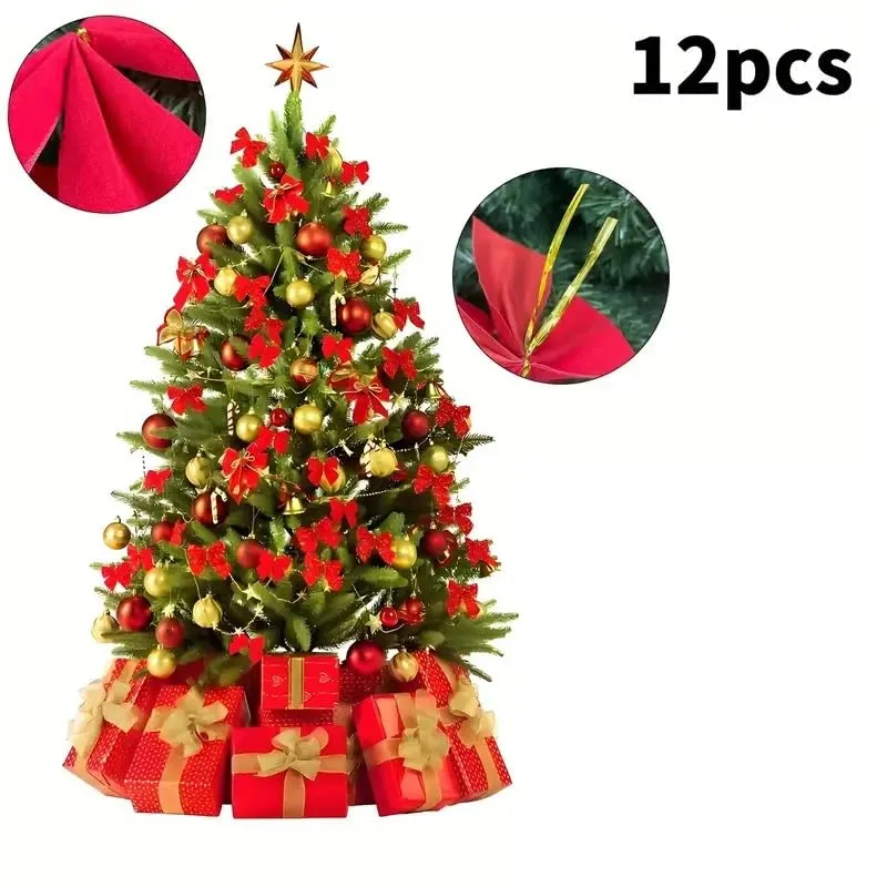 Classic Style Christmas Tree Bows - 12 Pack Red Velvet Decorative Bow Ornaments for Holiday Decor, Plastic and Fabric Material, No Electricity or Batteries Needed, Featherless