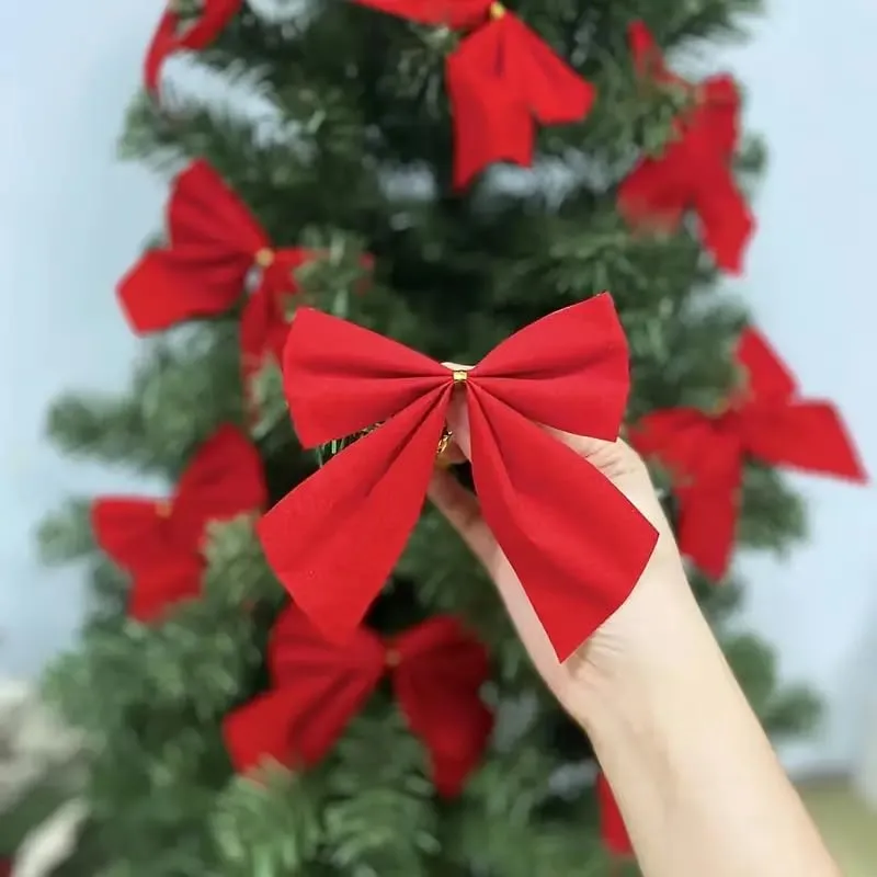 Classic Style Christmas Tree Bows - 12 Pack Red Velvet Decorative Bow Ornaments for Holiday Decor, Plastic and Fabric Material, No Electricity or Batteries Needed, Featherless