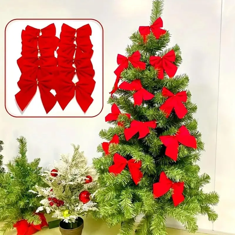 Classic Style Christmas Tree Bows - 12 Pack Red Velvet Decorative Bow Ornaments for Holiday Decor, Plastic and Fabric Material, No Electricity or Batteries Needed, Featherless