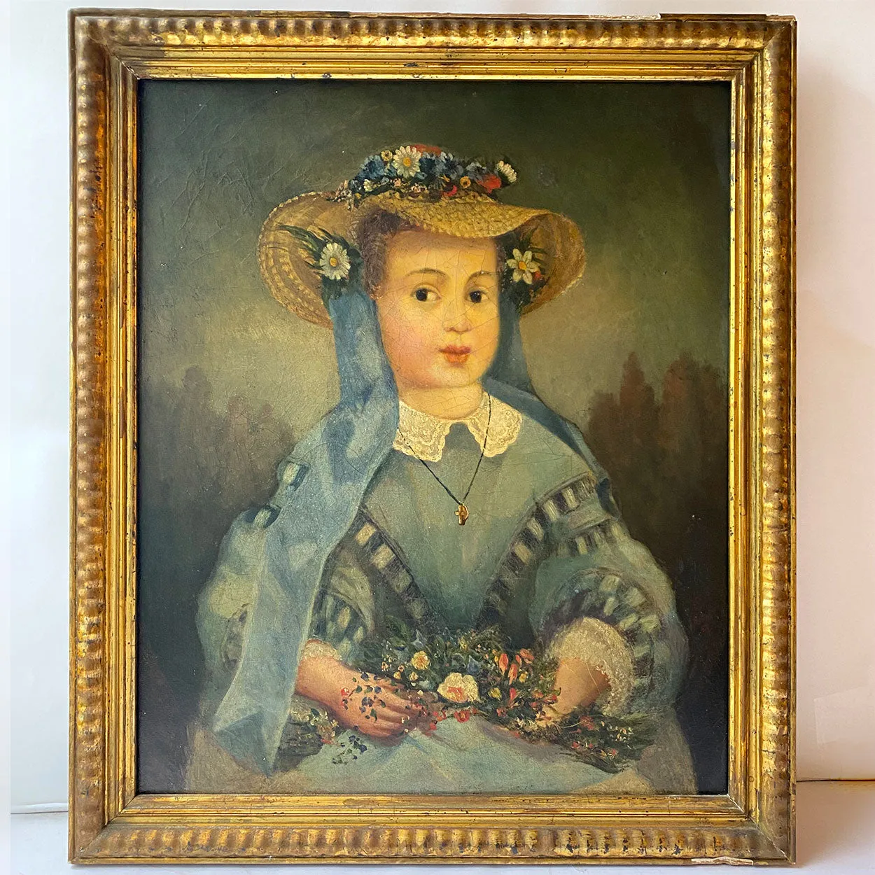 Continental Oil on Canvas Painting, Portrait of a Young Girl in a Floral Straw Hat