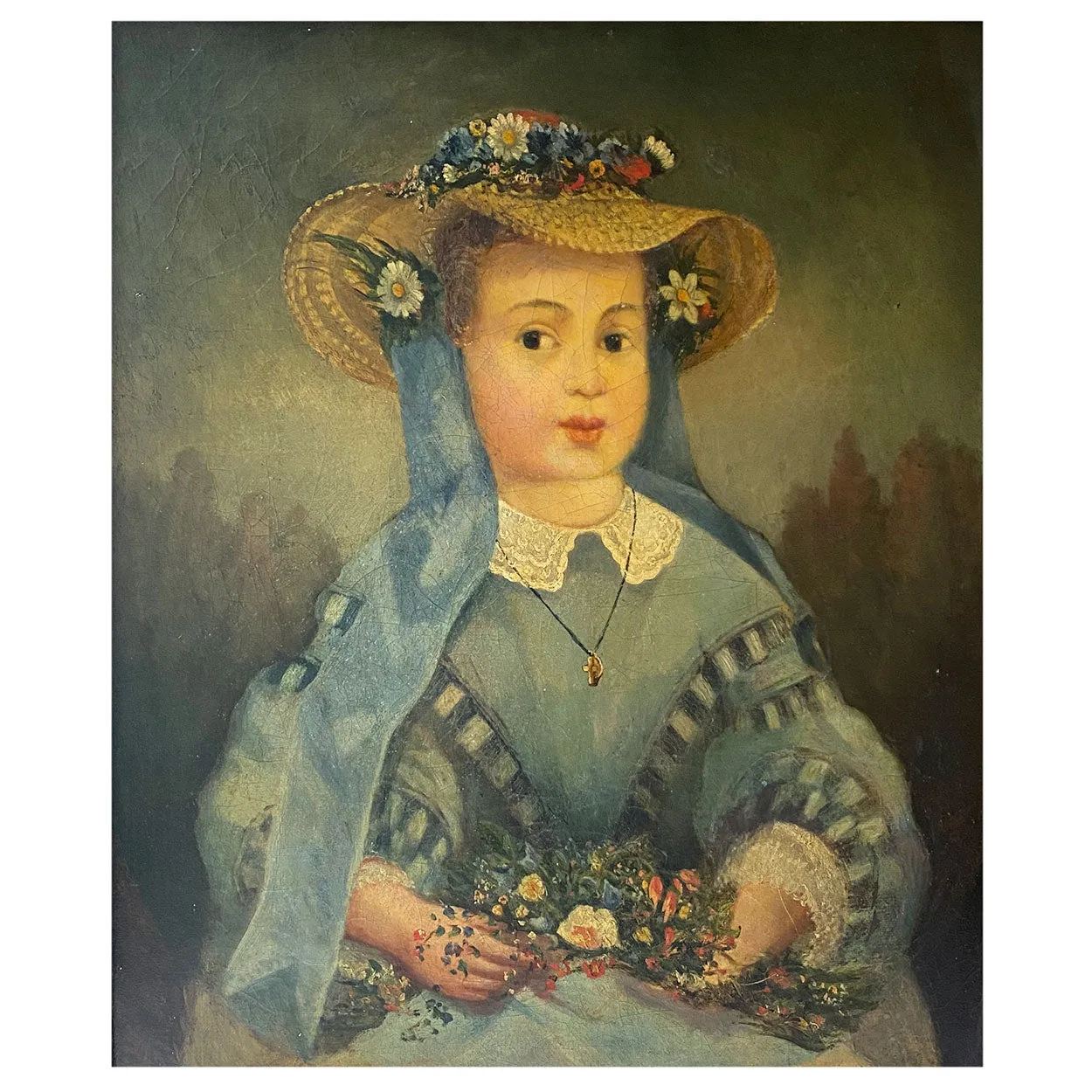 Continental Oil on Canvas Painting, Portrait of a Young Girl in a Floral Straw Hat
