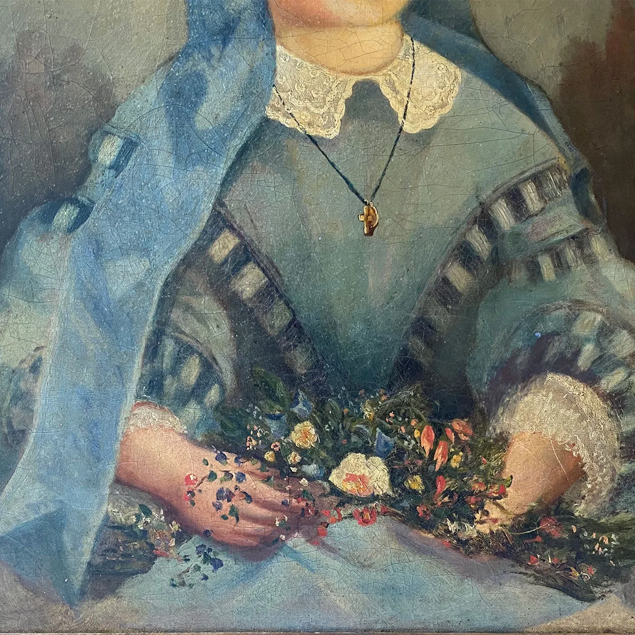 Continental Oil on Canvas Painting, Portrait of a Young Girl in a Floral Straw Hat