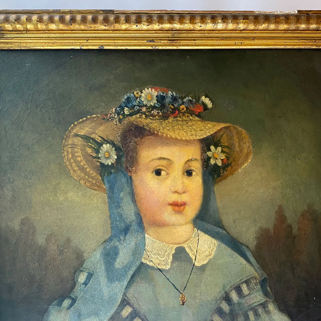 Continental Oil on Canvas Painting, Portrait of a Young Girl in a Floral Straw Hat
