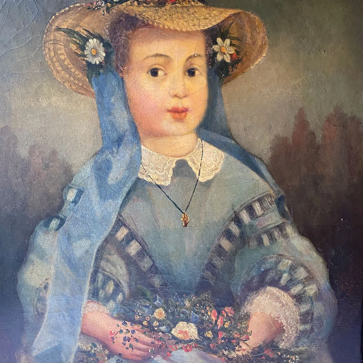 Continental Oil on Canvas Painting, Portrait of a Young Girl in a Floral Straw Hat